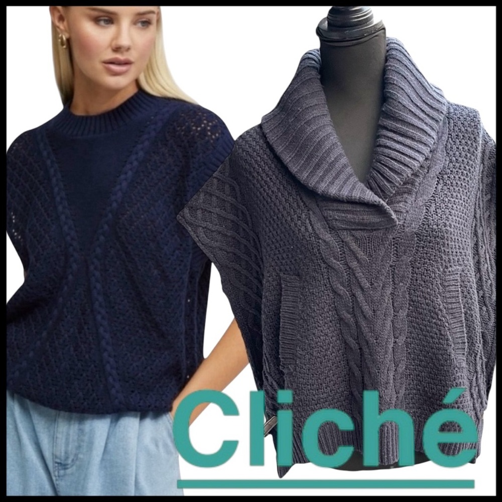 Cliche Couture Navy Cable Knit Shawl Collar Sleeveless Wool Blend Sweater (S/M)